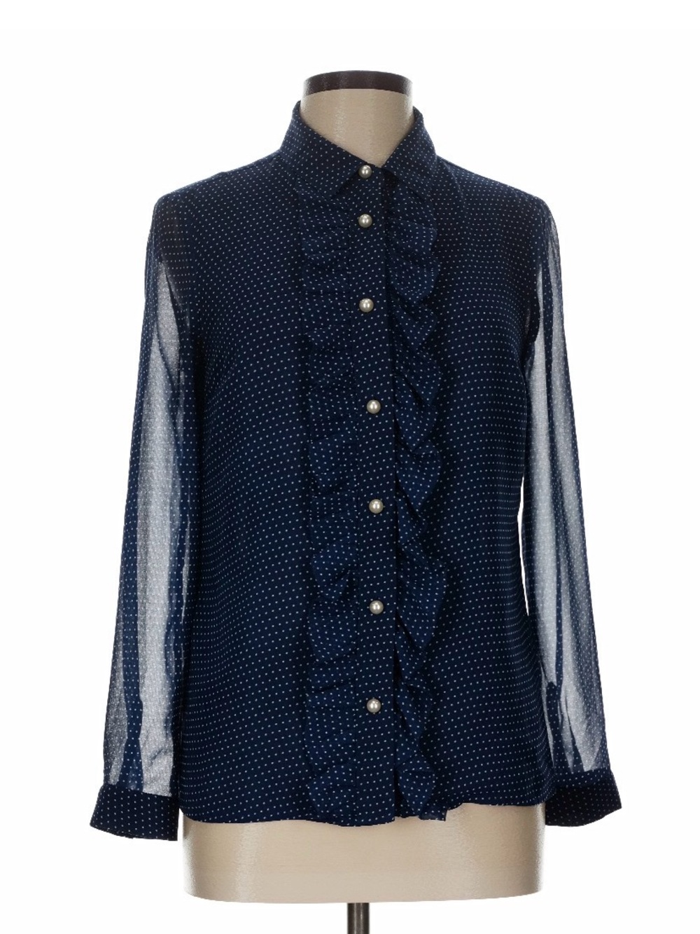 Karl Lagerfeld Navy Polka Dot Ruffle Button-Down Blouse